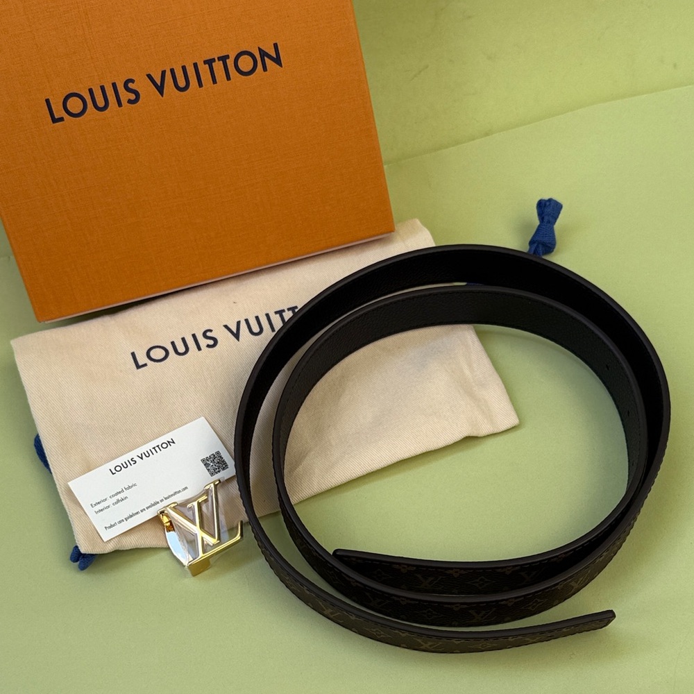 New in box Louis Vuitton Dark Brown Monogram Reversible Belt with Gold Buckle - Picture 7 of 8